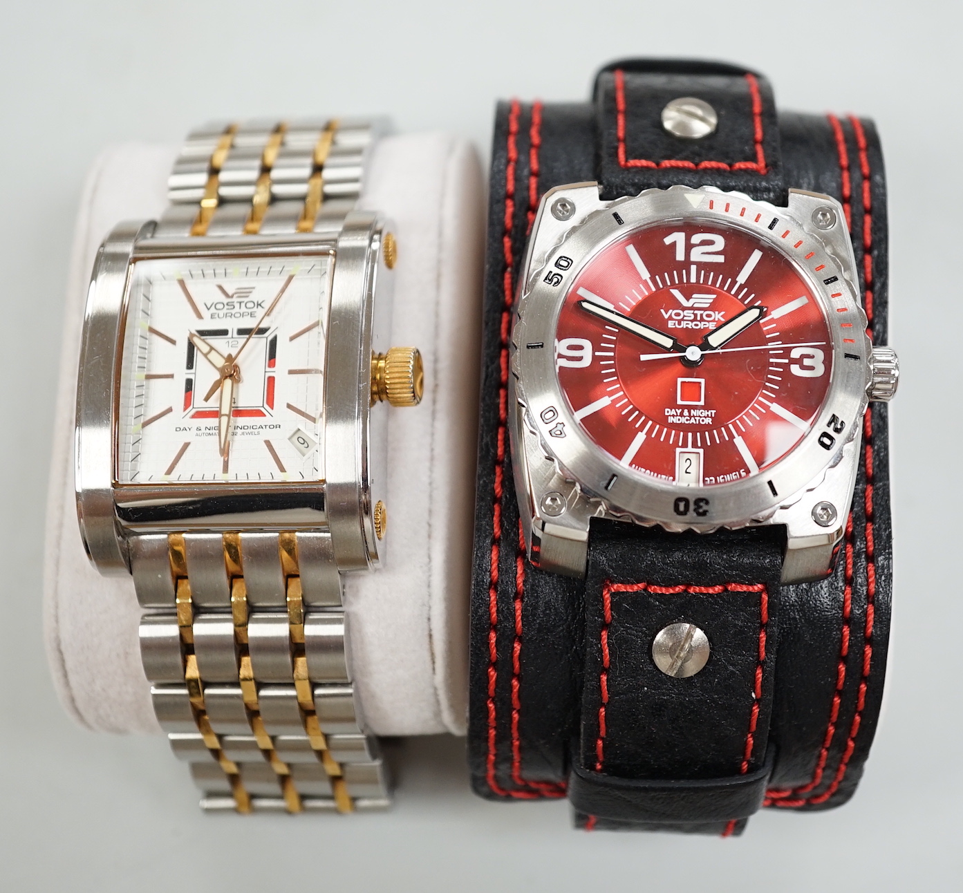 Two gentleman's modern stainless steel Vostok Europe automatic wrist watches, Red Square and Lunokhod.